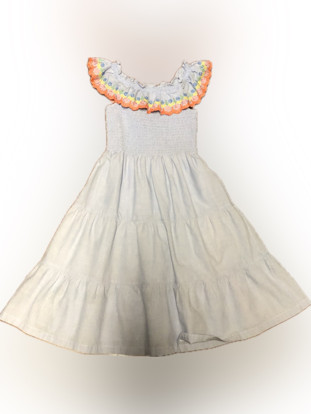 Girls White Sundress with Rainbow Trim - Smocked Bodice